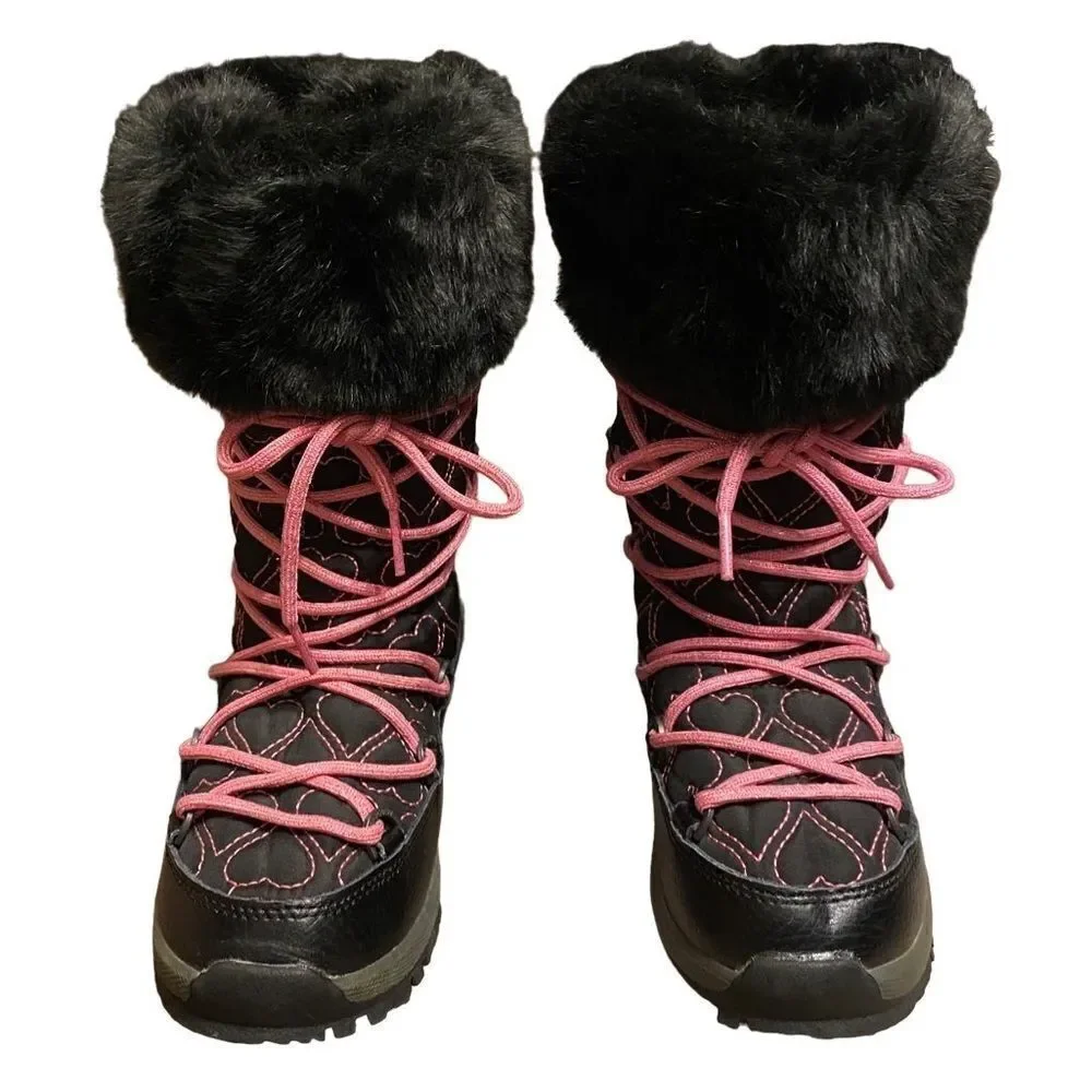BEARPAW Meredith Girls Pink Black Heart Waterproof Snow Boots Youth 5 faux fur